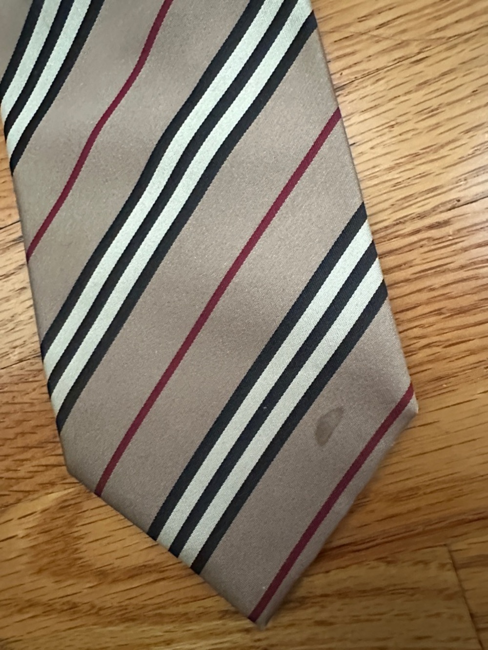 Burberry Tan Striped Silk Tie with Black, White and Red Accents - Picture 2 of 4